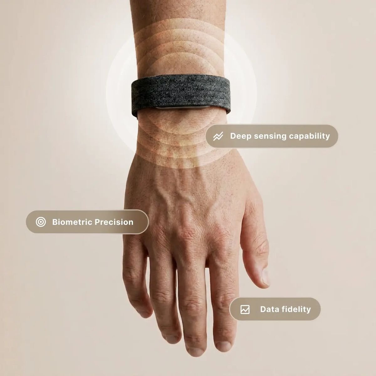 Close-up of the Hume Band 2.0 on the wrist demonstrating sensing precision